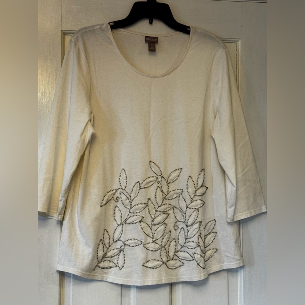Chico's White Long Sleeve Top with Leaf Embroidery